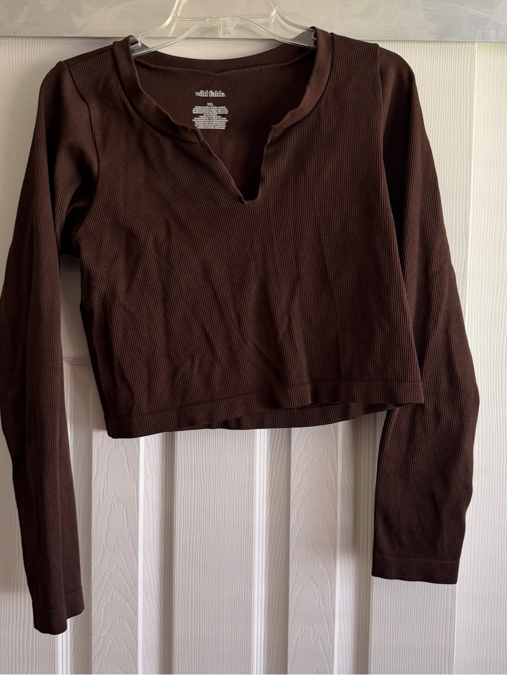 wild fable Chocolate Brown Ribbed Long-Sleeve Notch Neck Top